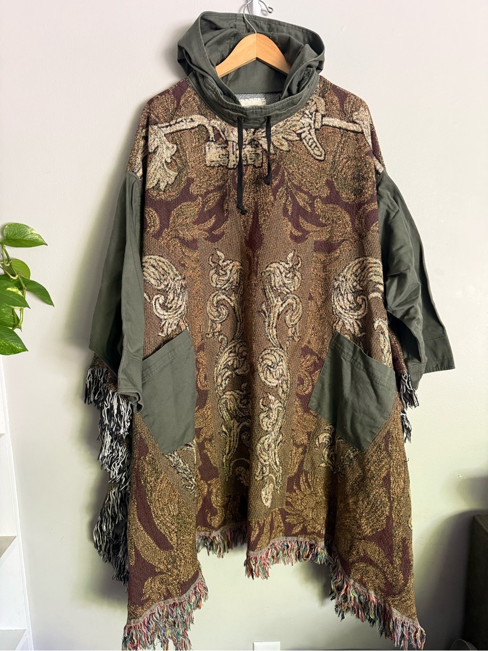 Gary Graham 422 Tapestry Hoodie Poncho Olive & Brown Boho Hooded Poncho Sweater